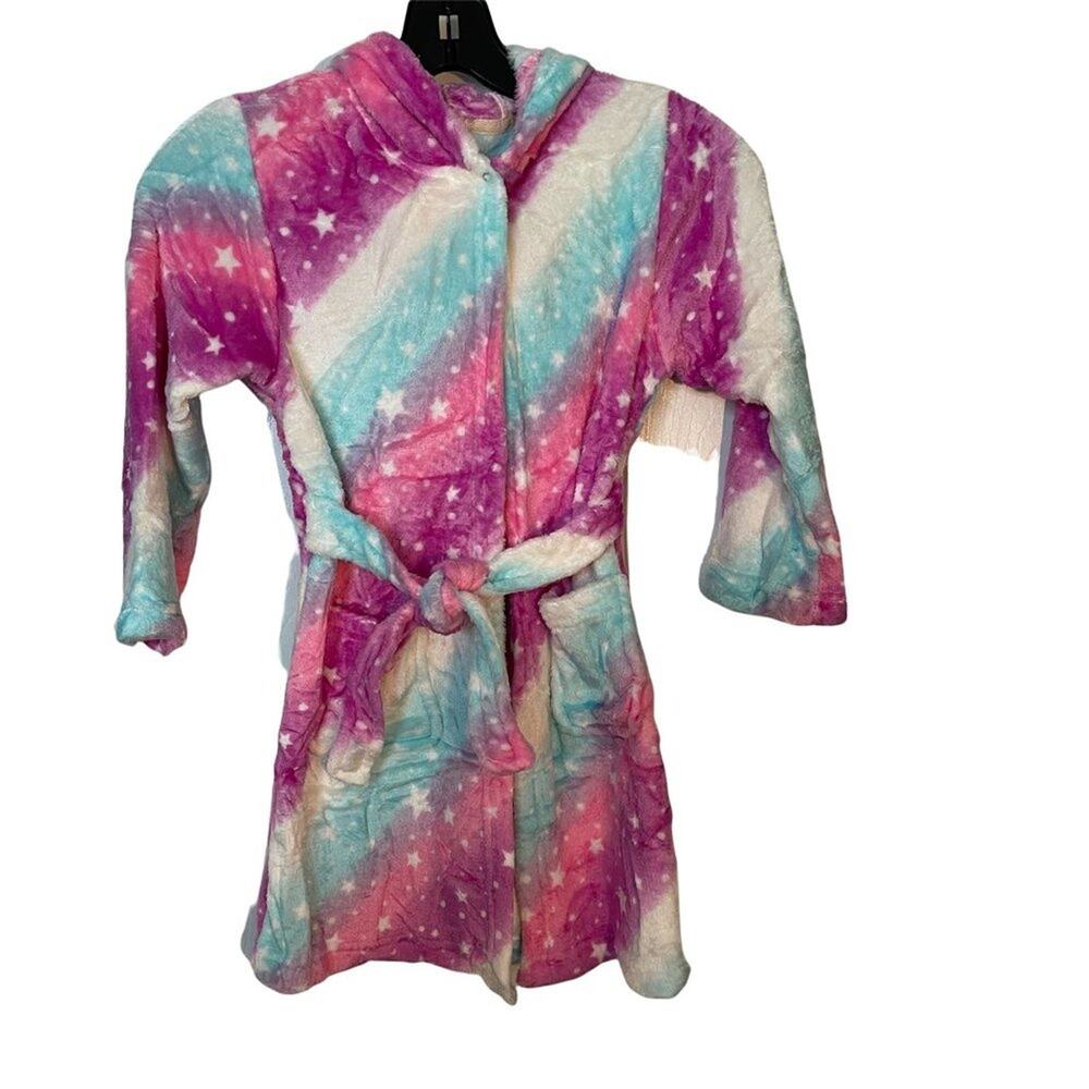 Kids Soft Pastel Rainbow Unicorn Hooded Star Patten Bathrobe with Tie Robe
